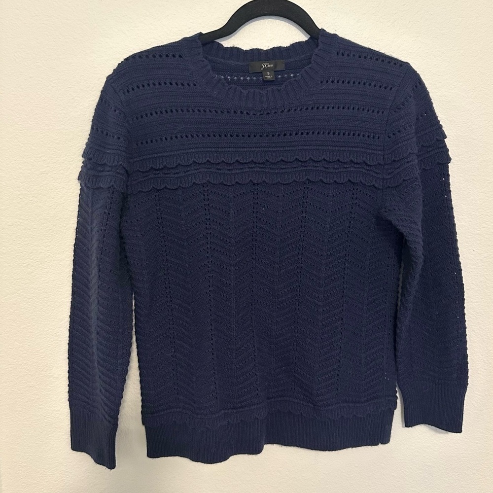 J Crew Scalloped Tiered Pointelle Sweater Crewneck Style Deep Navy Color Size S